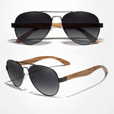 Óculos de Sol Masculino com armação em metal e Madeira natural nobre, lentes polarizadas de polímeros plásticos de alta densidade com proteção UV400.