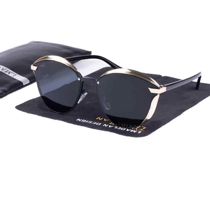 Óculos de sol feminino, coma armação em polimeros plásticos e liga metálica, lentes com proteção UV400 e polarizadas, em quatro cores, loja livre arbítrio