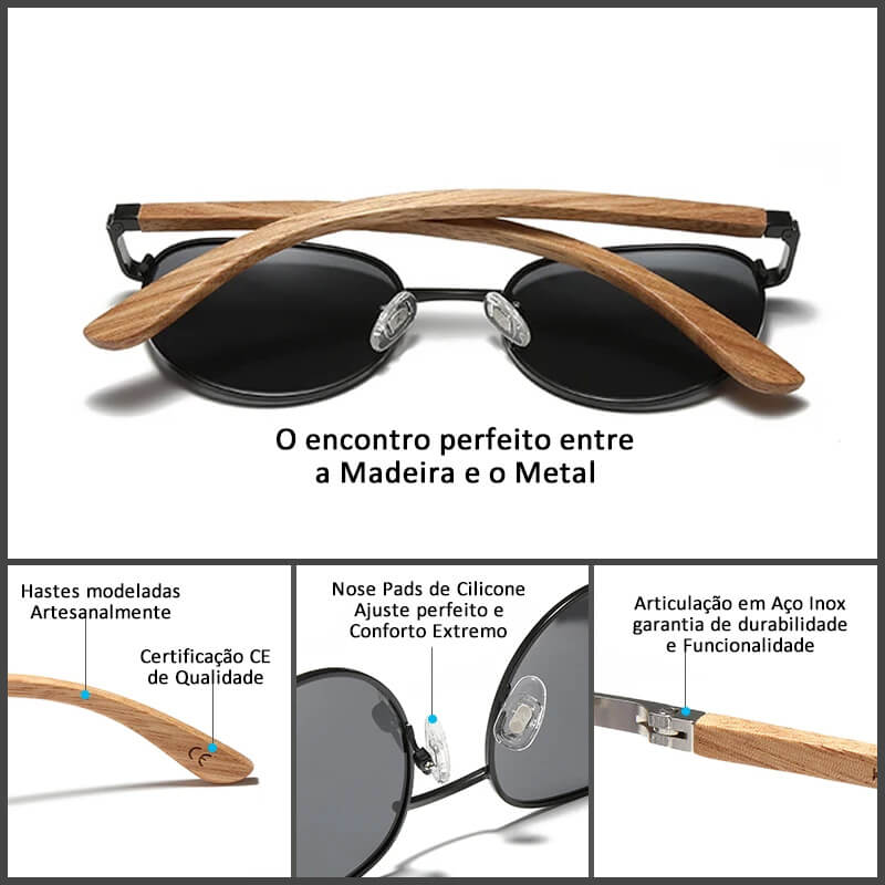 Óculos de sol em madeira Dubhe, armação em madeira natural e liga metálica, lentes em polimeros plásticos (TAC), polarizadas com proteção UVA e UVB400 com certificado CE de qualidade, Loja Livre Arbítrio