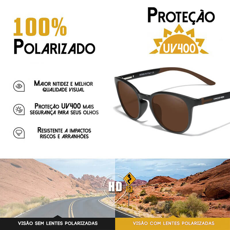 Óculos de sol feminino Polux, armação em polímeros plásticos, com lentes em policarbonato polarizadas, com proteção UVA e UVB400, antirreflexo e certificado CE de qualidade, Loja Livre Arbítrio