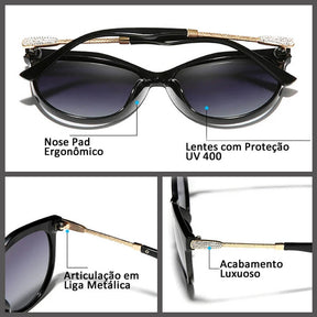 Óculos de sol feminino Adhara, armação em liga metálica com lentes em policarbonato polarizadas, com proteção UVA e UVB400, cor gradiente e certificado CE de qualidade, Loja Livre Arbítrio