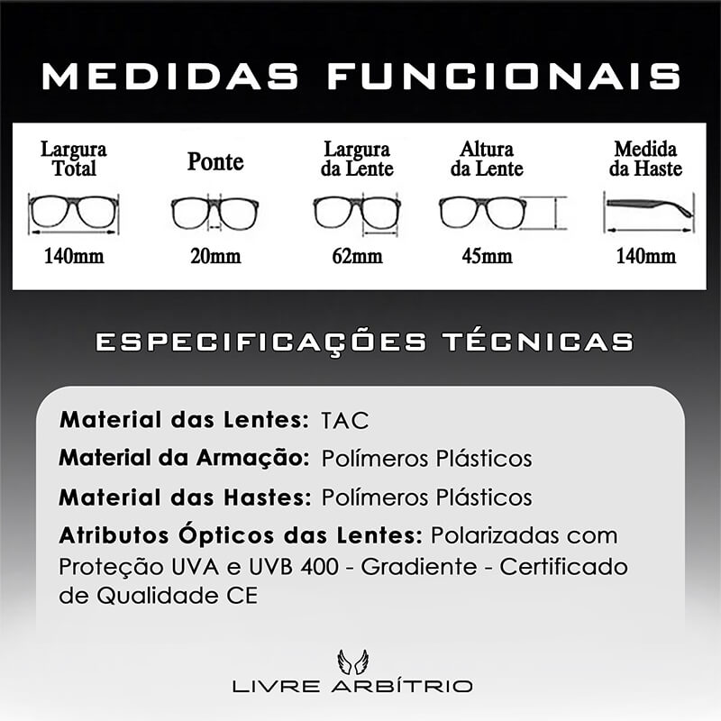Óculos de sol Hadar, armação em polímeros plásticos com lentes polarizadas com proteção UVA e UVB400, gradiente com certificado de qualidade CE, Loja Livre Arbítrio
