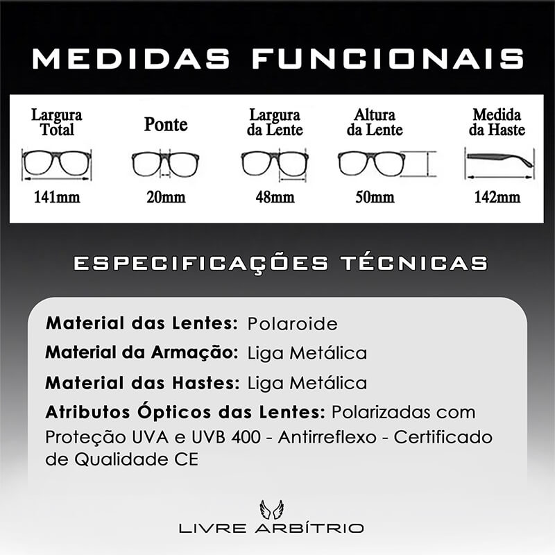 Óculos de sol Vega, armação em liga metálica com lentes em polaroide, polarizadas com proteção UVA e UVB400, antirreflexoe certificado CE de qualidade, Loja Livre Arbítrio