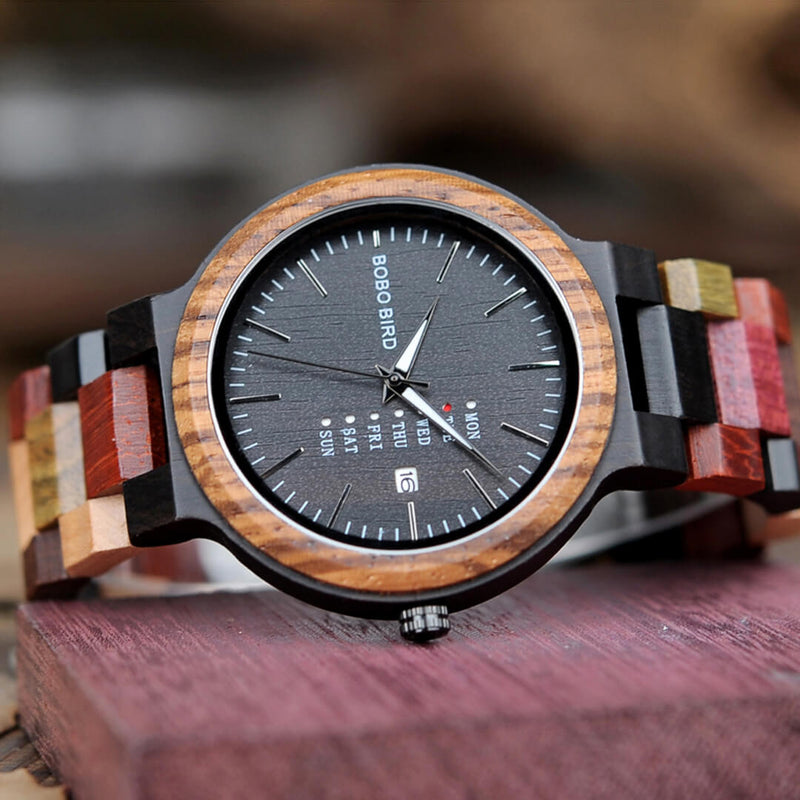 Relógio masculino de madeira Bird R10 2 fuso horário leve e