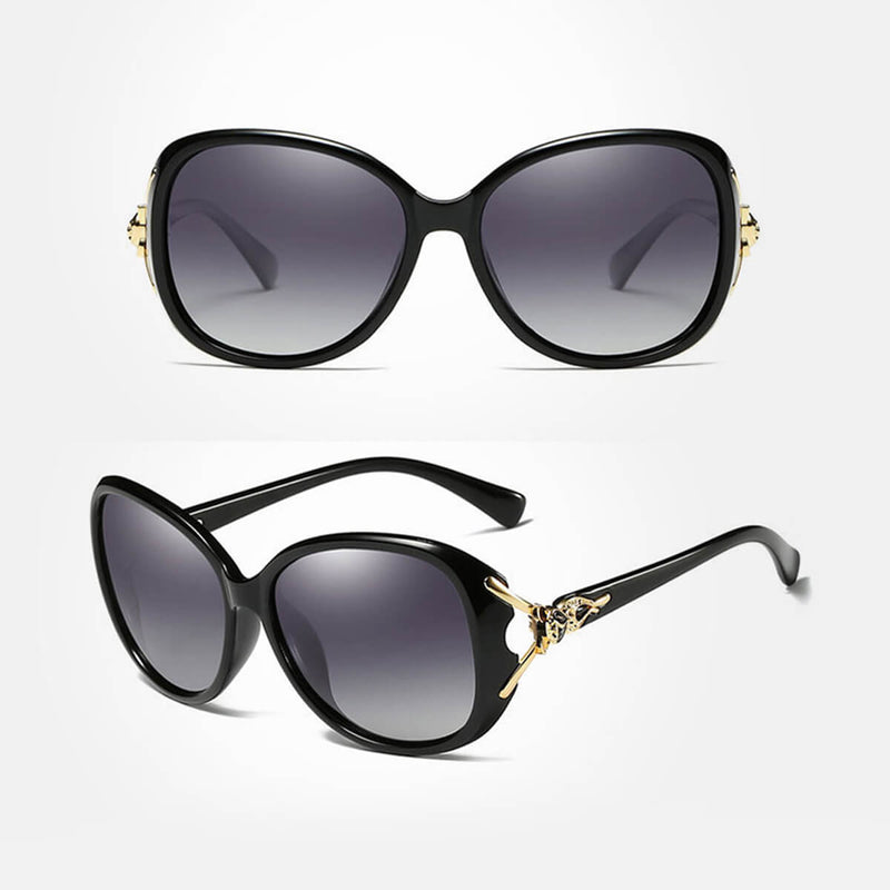 Óculos de Sol Feminino com armação em liga metálica e polímeros plásticos de alta densidade, com lentes polarizadas degradê com proteção UV400; Loja Livre Arbítrio.