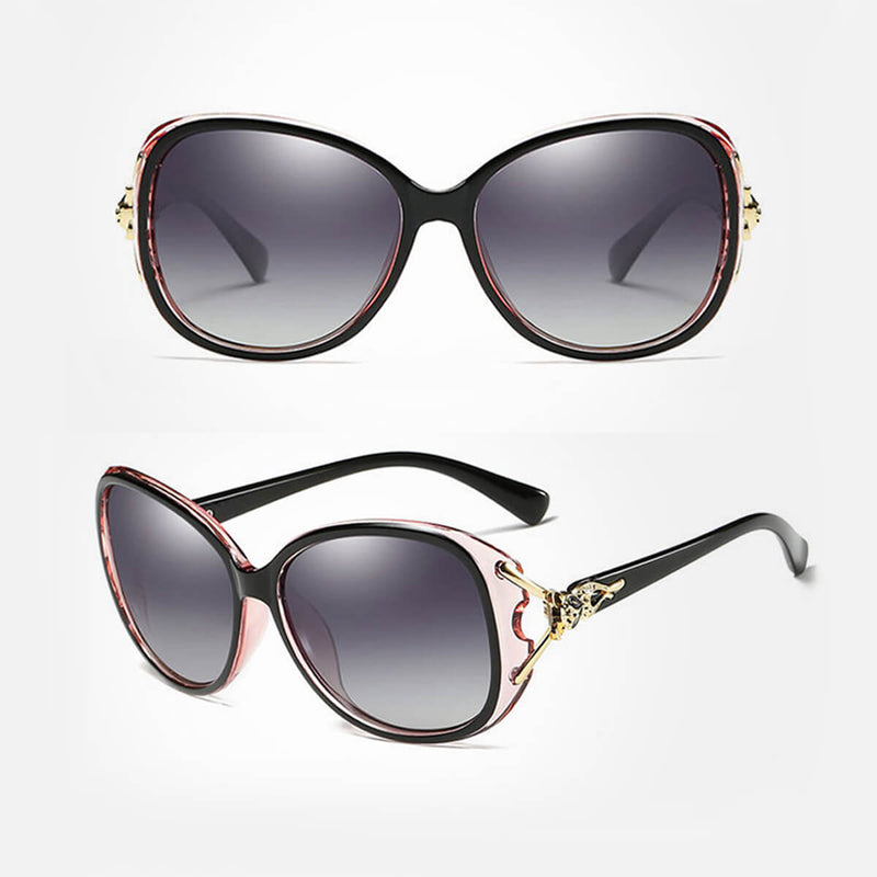 Óculos de Sol Feminino com armação em liga metálica e polímeros plásticos de alta densidade, com lentes polarizadas degradê com proteção UV400; Loja Livre Arbítrio.